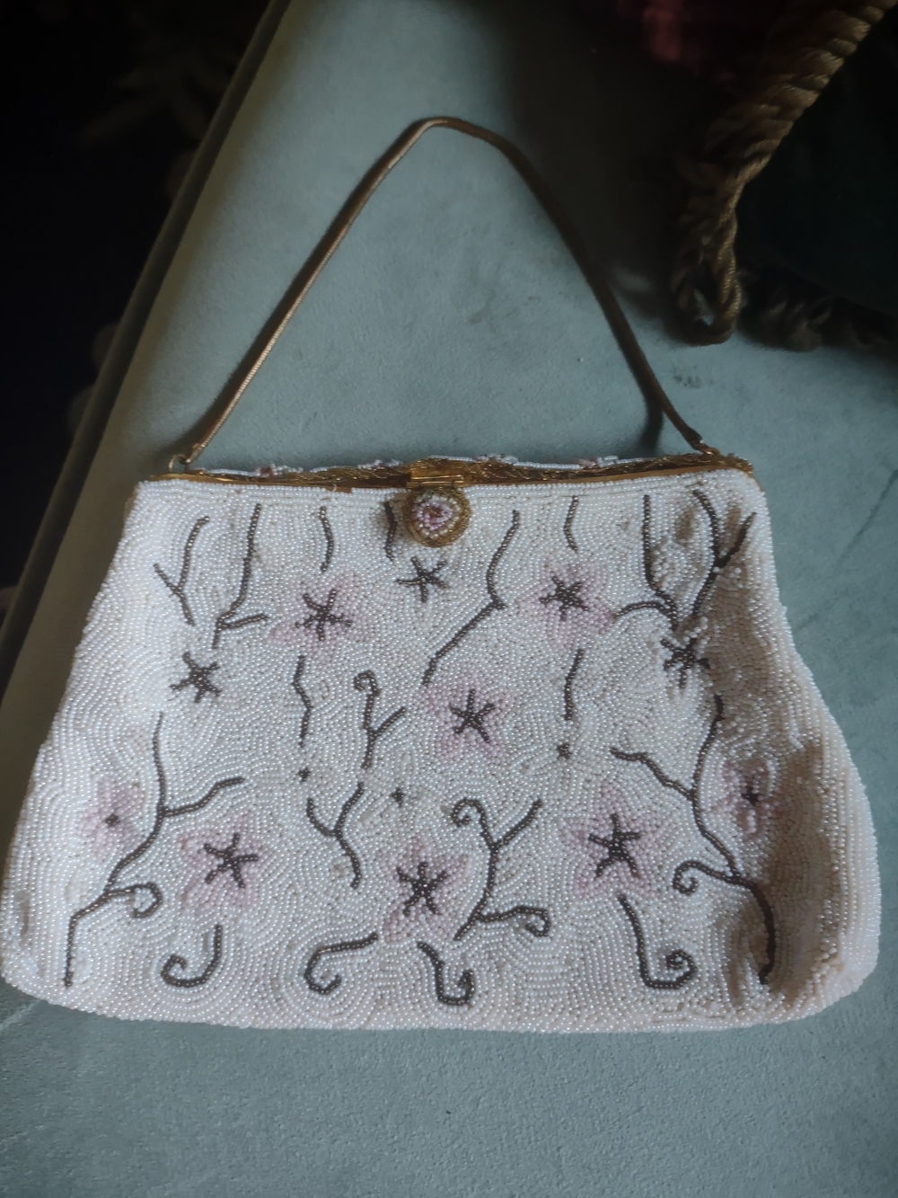 Beaded Floral Evening Bag - White with Pink Accents